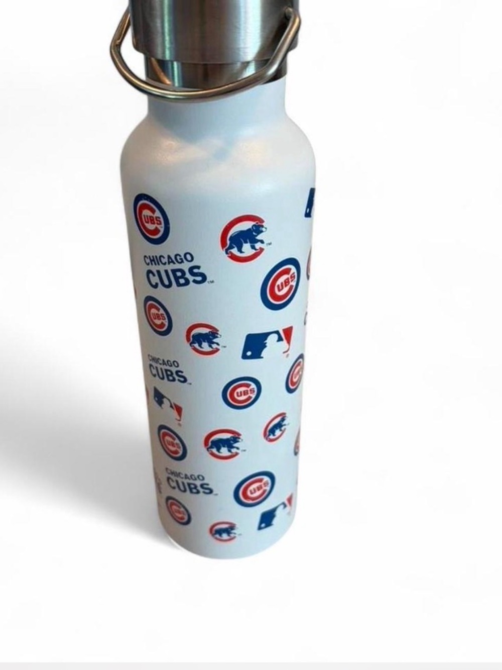 MLB Chicago Cubs White Stainless Steel Water Bottle with Blue and Red Logos